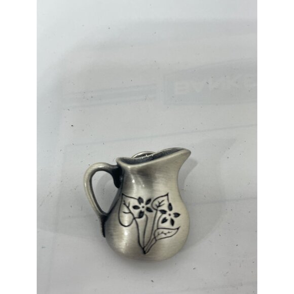 Tiny Pewter Pitcher Pin Brooch With Floral Design - Vintage Style Jewelry Piece - Picture 3 of 4